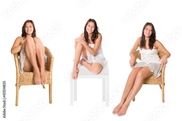 Fototapeta Happy young woman sitting on a wicker chair and on a white table, three poses, isolated in front of white studio background 