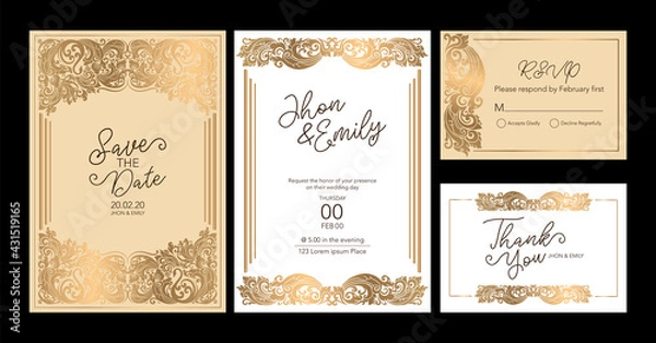 Fototapeta Wedding invitation cards baroque style  gold. Vintage Pattern. Retro Victorian ornament. Frame with flowers elements. Vector illustration. - Vector