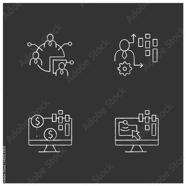 Fototapeta Customer data platform chalk icons set. Audience segments, transactional data, behavioral date. Customer data concepts. Isolated vector illustrations on chalkboard