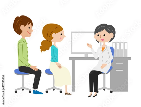 Fototapeta 診察室で女医に説明を受ける若い夫婦
