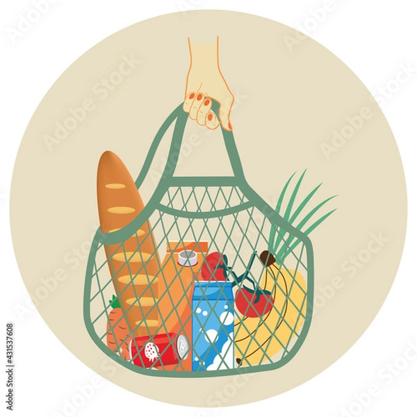 Fototapeta Products, food, vegetables in a string bag. A human hand carries a net, a bag from the store. Eco Friendly Concept Cotton Net Shopping Bag with fresh vegetables, fruits.