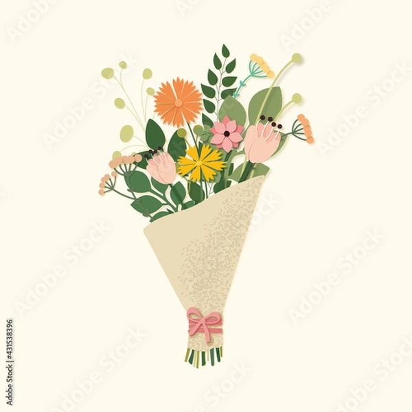 Fototapeta Bouquet of flowers in brown craft paper with noises. Flowers in cut paper style. Delicate bouquet with summer flowers and leaves on a beige background
