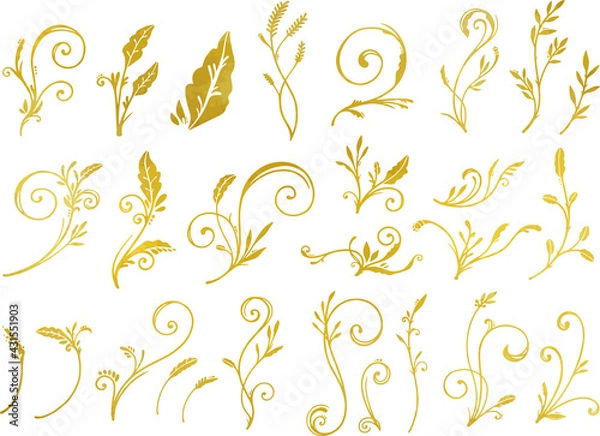 Fototapeta 手描きのゴールドのツタ模様セット　ベクター素材