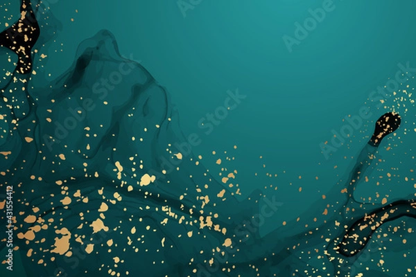 Fototapeta Modern watercolor background or elegant card design for birthday invite or wedding or menu with abstract green ink waves and golden splashes. Colored with overlay layers, easy to recolor.