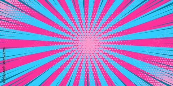 Fototapeta Pop art pink blue comics book cartoon magazine cover. Cartoon funny retro pattern strip mock up. Vector halftone illustration. Vintage backdrop for comic superhero text, speech bubble, message.