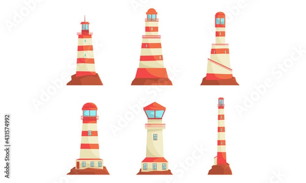 Fototapeta Lighthouse Tower Serving as Navigational Aid on Sea Vector Set