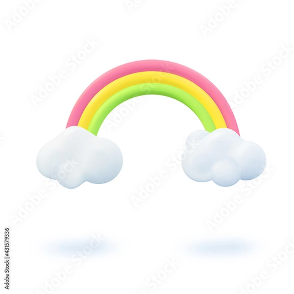 Fototapeta Summer 3d banner design. Realistic render scene colorful rainbow, cloud. Summertime objects