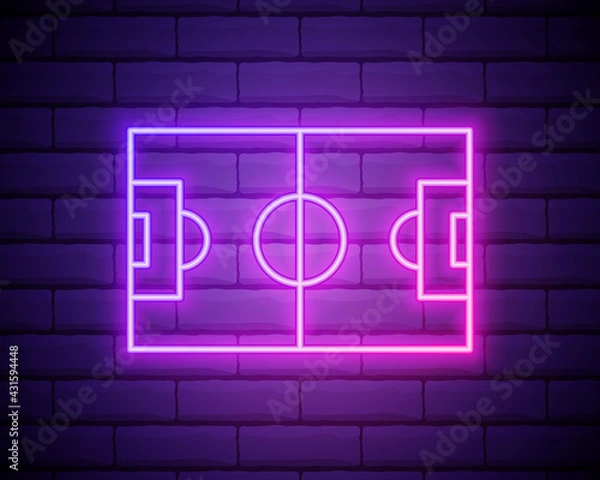 Obraz Glowing neon Football field or soccer field icon isolated on brick wall background. Vector Illustration