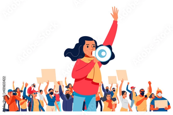 Fototapeta A young woman shouts through megaphones, supporting the protests against the background of discontented people protesting. Flat design colorful illustration isolated on white