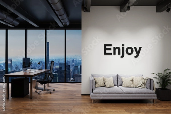 Fototapeta modern luxury loft with skyline view and vintage couch and pc workspace, wall with enjoy lettering, 3D Illustration