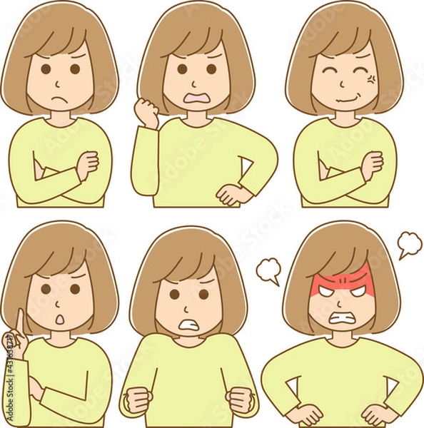Obraz 色々な怒りの表情をしている女性のイラスト