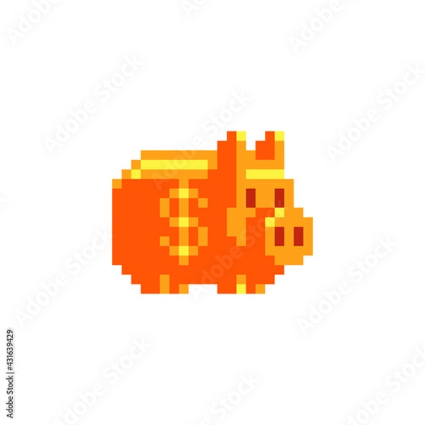 Fototapeta Piggy bank icon. Golden money box. Pixel art style. 8-bit sprite. Isolated abstract vector illustration. 