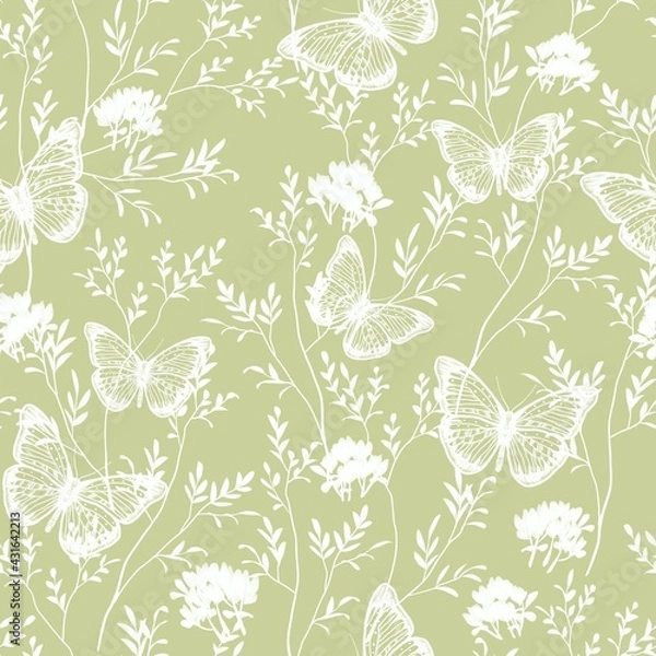 Obraz A pattern of butterflies and tree branches with leaves. Seamless image. Natural illustration. Design of wallpaper, fabrics, textiles, packaging, posters, postcards, wedding design.

