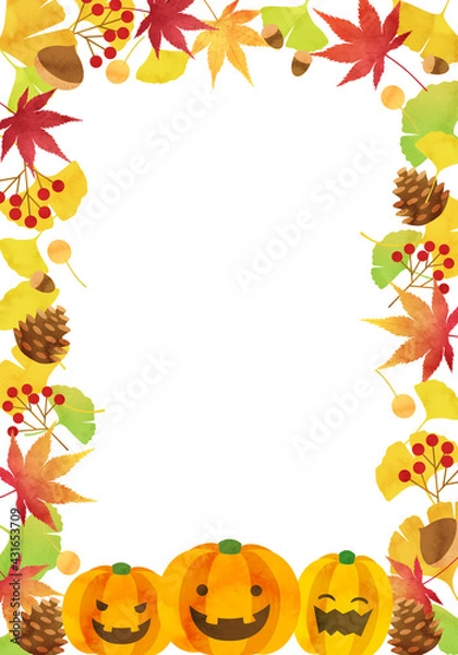 Obraz 秋の植物やかぼちゃなどのハロウィンイメージのバクターイラストフレーム背景