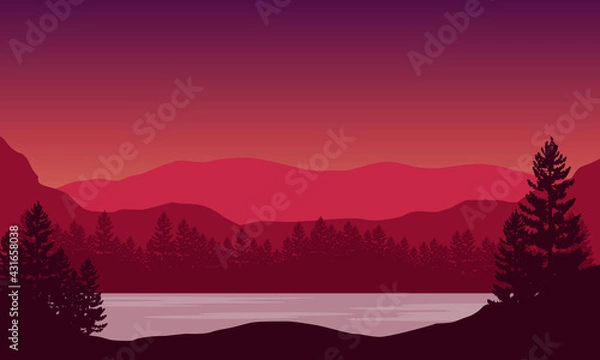 Obraz A realistic view of the mountains from the riverbank with the silhouettes of the surrounding trees. Vector illustration