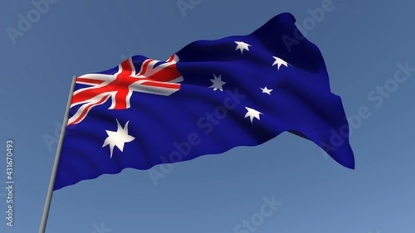 Fototapeta National flag of Australia waving in the wind against the background of the sky. Flag day. 3D rendering illustration. 4k. Place for your text.