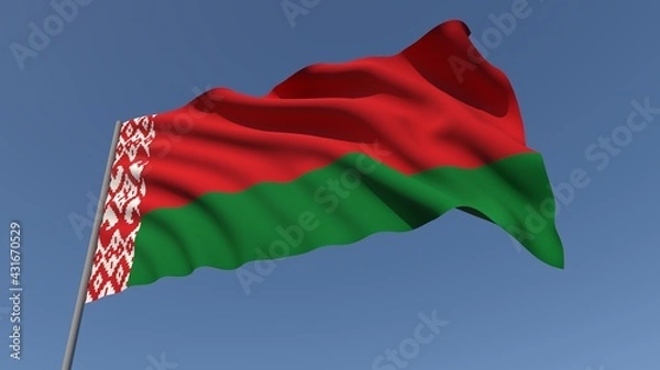 Fototapeta The flag of the Republic of Belarus waving in the wind against the background of the sky. Flag day. 3D rendering illustration. 4k. Place for your text.