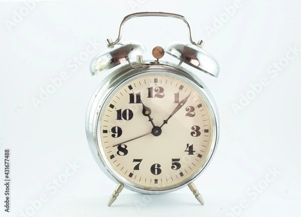 Fototapeta Vintage retro metal alarm clock with bells, isolated object, design element