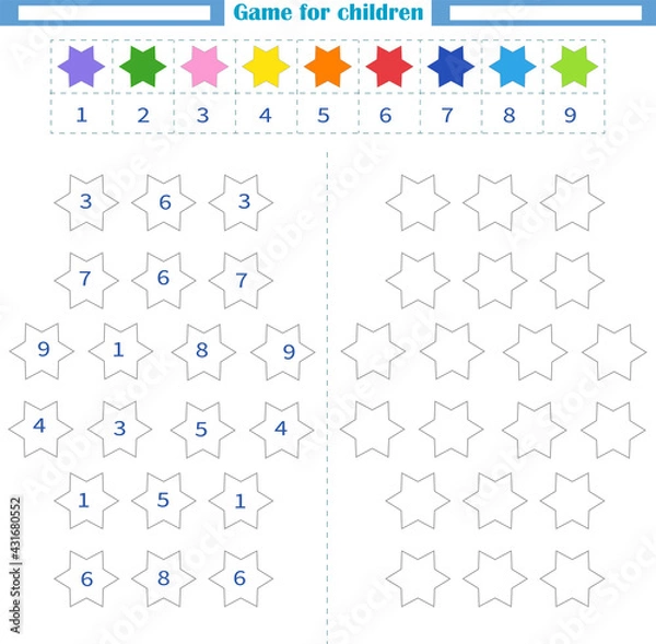 Fototapeta  Worksheet for children. Color the empty shapes by number and color. Development of attention