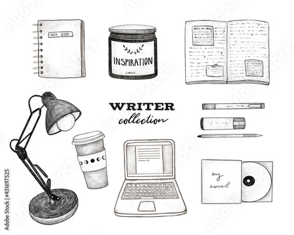 Fototapeta Writer collection. Writing icons, hand-drawn illustrations on white isolated background. Laptop, notepad, stationery, table lamp, candle, cup of coffee