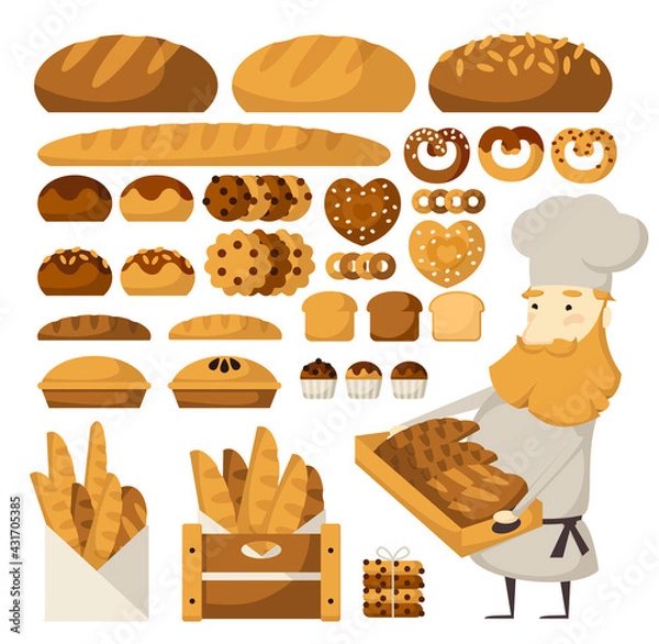 Fototapeta Set of bread products, bakery items, coffee shop elements and bakery showcase. Illustration for a bakery or cafe.