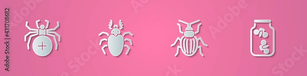 Fototapeta Set paper cut Spider, Beetle deer, Chafer beetle and Fireflies bugs in jar icon. Paper art style. Vector
