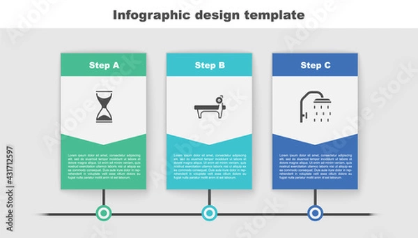Fototapeta Set Old hourglass, Bench with barbel and Shower head. Business infographic template. Vector