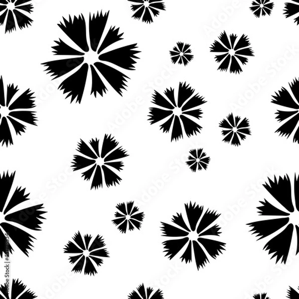 Fototapeta Cornflower seamless pattern of black flowers, abstract texture, vector floral print. Seamless simple black white pattern - for paper, for fabric, for textile, flower background, minimalist wallpaper