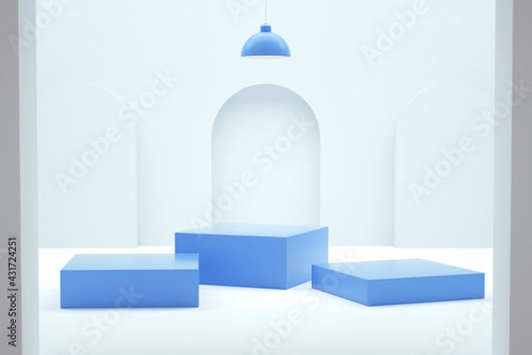 Fototapeta Three blue square podiums on a neutral background for a product display in 3D rendering. Realistic pedestal, empty platform for ads and presentations