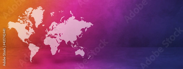 Fototapeta World map on rainbow wall background. 3D illustration. Horizontal banner