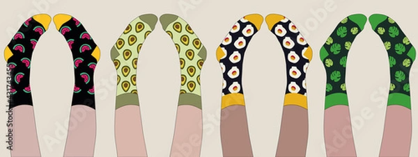 Fototapeta Multi-colored socks with different prints. Socks are worn on the legs of different people who lie on their backs. Beige background. Long illustration