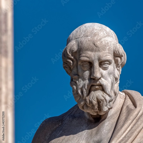Fototapeta Plato, the ancient Greek philosopher and thinker on blue sky background, space for your text.