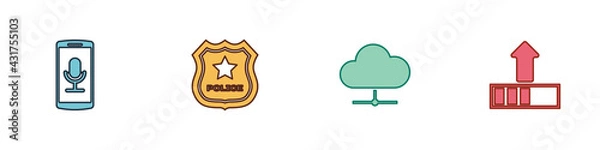 Fototapeta Set Mobile recording, Police badge, Network cloud connection and Loading icon. Vector