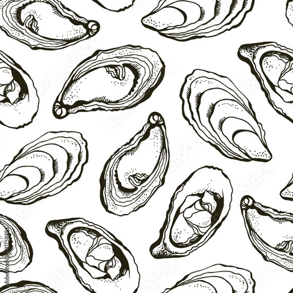 Fototapeta Vector seamless background of hand drawn oysters isolated on a white background