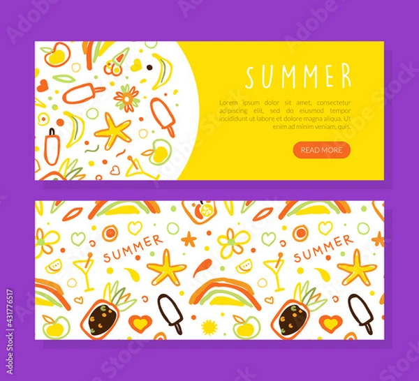 Fototapeta Summer Landing Page Template, Holiday Symbols Seamless Pattern Hand Drawn Vector Illustration Vector Illustration