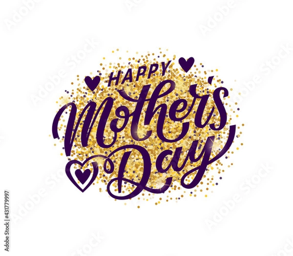 Fototapeta Happy Mother's Day greeting card, poster, banner. Hand lettering text second version. Vector calligraphy with floral elements vignette. Gold luxuary background