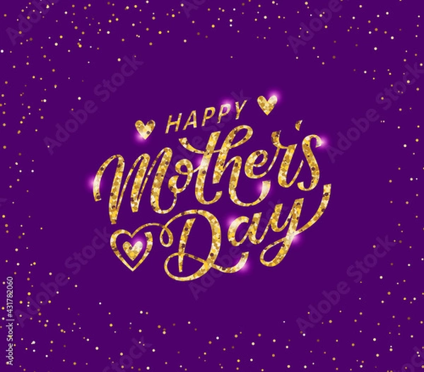 Fototapeta Happy Mother's Day greeting card, poster, banner. Hand lettering text second version. Vector calligraphy with floral elements vignette. Gold luxuary decoration