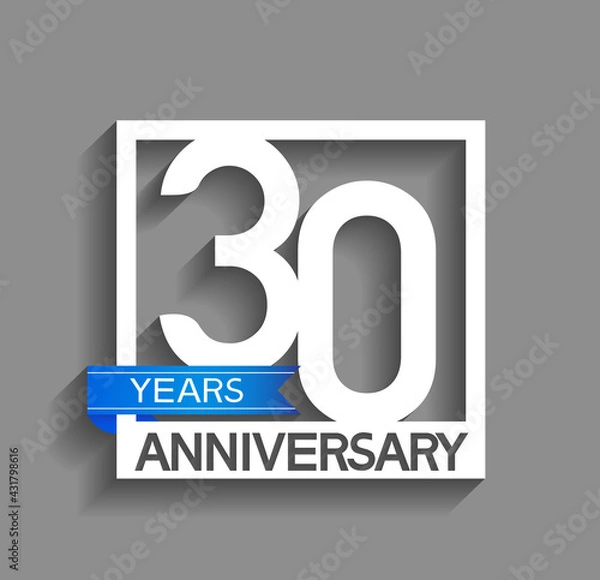 Fototapeta 30 years anniversary logotype with white color in square and blue ribbon isolated on grey background. vector can be use for company celebration purpose