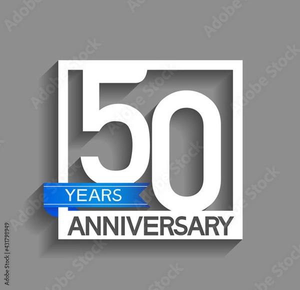 Fototapeta 50 years anniversary logotype with white color in square and blue ribbon isolated on grey background. vector can be use for company celebration purpose