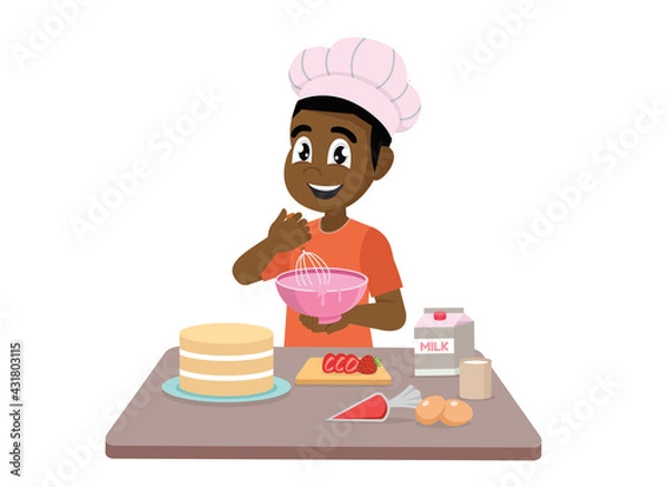 Obraz Little African boy cooking making a cake 
