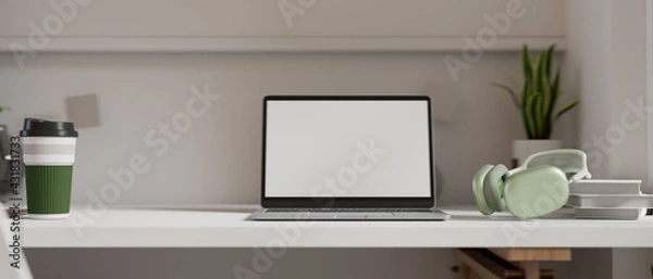 Fototapeta 3D rendering, portable workspace with laptop, headphone, books, tumbler and decorations
