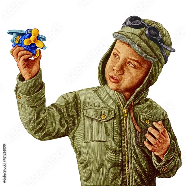 Obraz Holds a model airplane in his hands. The boy is playing pilot. Isolated on a white background.