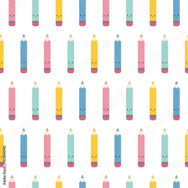 Obraz Funny seamless pattern with with cartoon cute pencils. Back to school background.