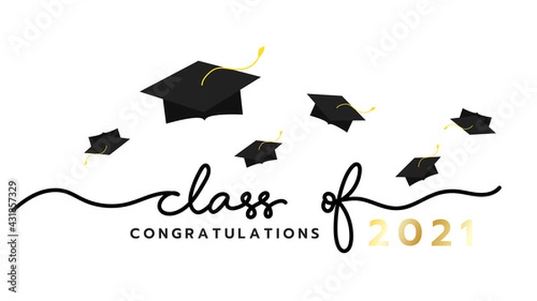 Fototapeta Class of 2021 handwriting with graduation cap symbol ,isolated on white background ,Vector illustration EPS 10