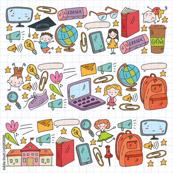 Fototapeta Cartoon icons with education items. Online lesson. E-learning.