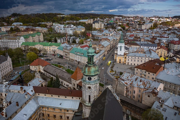 Fototapeta Aerial view on Bernardine church in Lviv from drone
