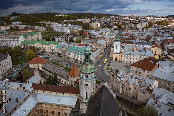 Fototapeta Aerial view on Bernardine church in Lviv from drone