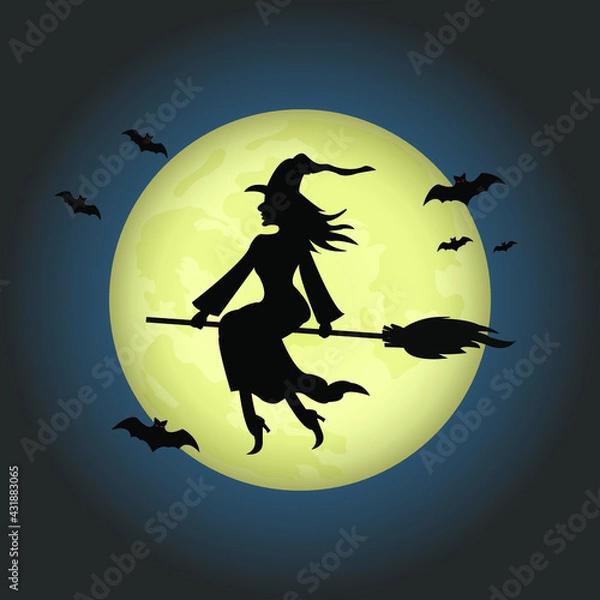 Fototapeta Vector illustration Halloween day. The witch riding a broom through the full moon.