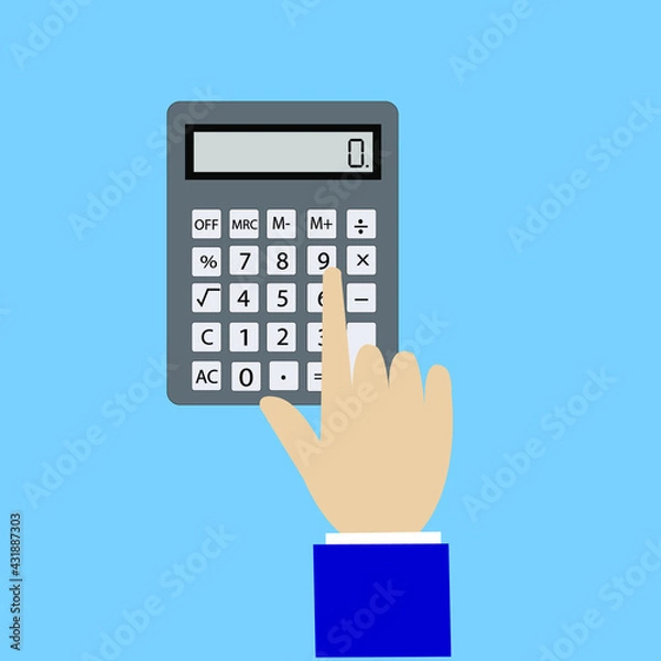 Fototapeta Hand with calculator, flat design, vector illustration,calculator math isolated icon.