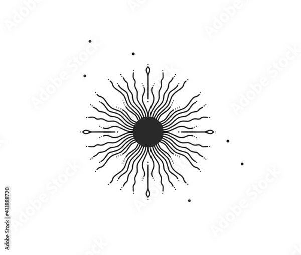Fototapeta Hand drawn vector abstract stock flat graphic illustration with logo element of magic celestial sun silhouette art in simple style for branding,isolated on white background
